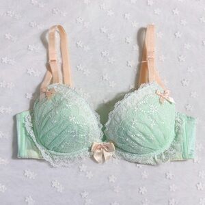 US-34B/JP-D75 Japanese Brand Cute Flowers Lace Trim Embroidered Satin Bow Bra